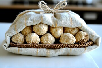 White truffles on the typical cloth trunk, with truffle cut in wood, from the Langhe Alba in Piedmont Italy. , isolated on white background,  , copy space, copy space for text,