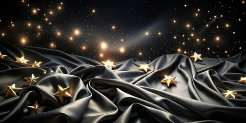 Dark mysterious evening atmosphere with a black satin background and twinkling stars in the sky, conveying an air of sophistication and elegance, twinkling, atmosphere