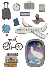 hand drawn clip art of travel isolated airplane, ticket, map, globe, bike, passport, luggage, calendar 