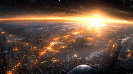 Futuristic city sunrise, space view.