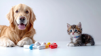 Golden retriever and tabby kitten playfully interact with colorful toys, showcasing their friendship and joy. This adorable scene captures essence of companionship