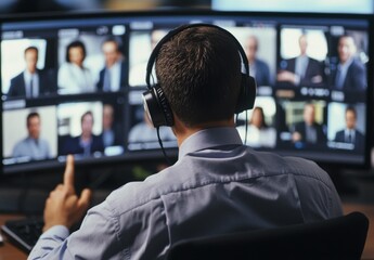 Professional Man Engaged in Virtual Conference with Multiple Screens