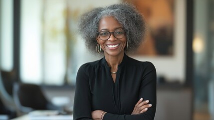 A woman with glasses and a black shirt is smiling