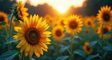 Fototapeta premium Sunflower (Summer Festivals) – Large golden-yellow sunflowers basking in sunlight, surrounded by party lights and fireflies. A festive, warm summer vibe captured in a 4K HD image.