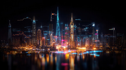 Fototapeta premium futuristic cityscape with golden skyscrapers, glowing lights, and reflections on water at night, evoking vibrant and modern atmosphere