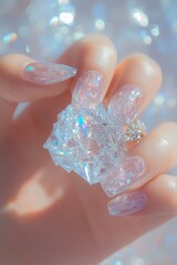 A creative nail design featuring translucent ice lumps and snowy details, perfectly paired with a ring designed to resemble a frozen ice sculpture, close-up and photorealistic