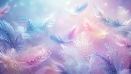 Fototapeta premium Soft pastel feathers scattered on a gradient abstract background with gentle blending of soft pink and lavender hues, abstract background,