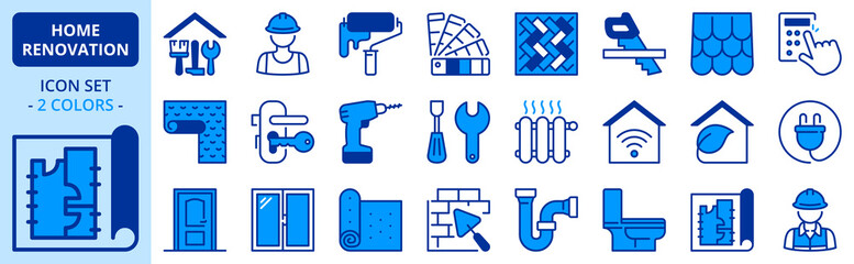 Icons in two colors about home renovation