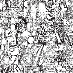 Abstract seamless pattern with chaotic layering of vintage letter elements floral ornament and handwriting text. Vector grunge background art in creative modern design. Suitable for wallpaper, wrappin