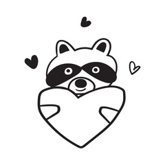 cute raccoon holds a heart. Valentine's Day design. Outline icon. Illustration. Vector graphic design.