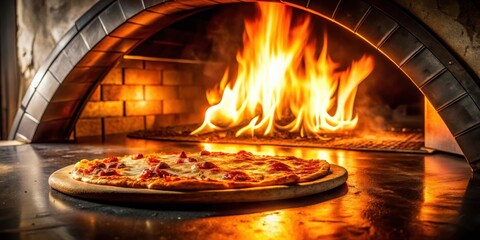 Fiery oven interior with glowing embers and hot pizza on a metallic surface, surrounded by flames and smoke , flames, kitchen,  flames