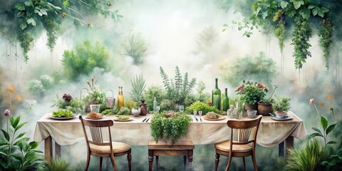 Obraz premium Misty watercolor painting of a table setting surrounded by culinary herbs and plants, herbalism