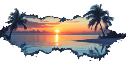 Sunset on a tropical beach, transparent background