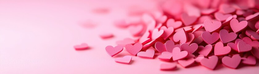 Fototapeta premium Clean and simple Valentine's Day background concept. Scattered pink heart-shaped confetti on a soft pink background.