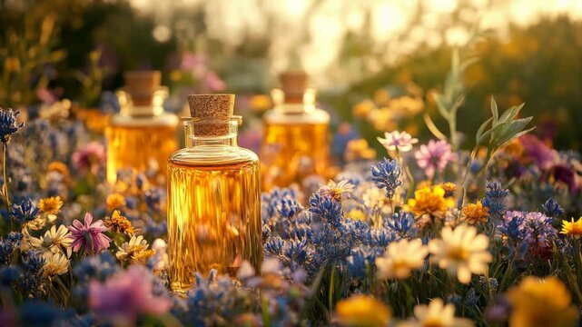 Golden essential oil bottles nestled in a vibrant summer meadow. Natural aromatherapy and wellness.