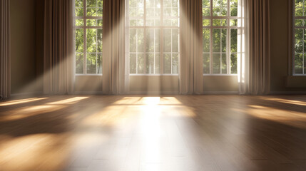 Soft sunlight streams through large windows illuminating an empty room with wooden flooring and natural greenery outside