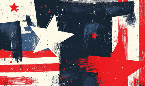 Dynamic Patriotic Abstract Art with Stars and Stripes in Bold Red, White, and Blue Brushwork Emphasizing American Symbolism and Cultural Heritage
