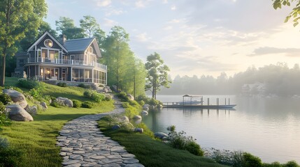 Obraz premium A serene lakeside home surrounded by nature and a peaceful pathway leading to a dock.