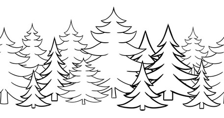 Obraz premium Black silhouettes of pine trees seamless border on white background. Set of park, forest, landscape elements. Graphic line stock vector.