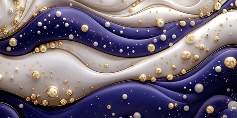 Obraz premium Abstract background with flowing white and purple waves, adorned with gold and pearl spheres.