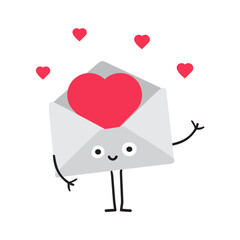 The little envelope waves and sends hearts. Valentine's card. Hand drawn illustration on white background.