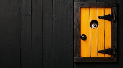 Peeking Through the Door: An unsettling image of an eyeball peering through a small, yellow door set in a black wooden wall, creating a sense of mystery and anticipation.