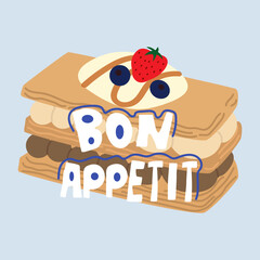 Bon appetite. French pastries for bakery menu design. Bakery food set. Retro cute stickers for bakery and coffee shops. French croissant, bagel, sandwich, toast with poached egg, millefeuille