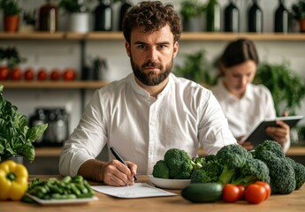 Young Man Writing Notes Surrounded by Fresh Vegetables in Kitchen