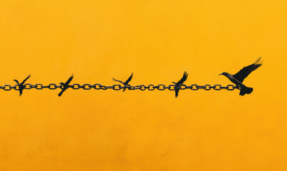 Artistic Silhouette of Birds on a Chain: Symbolic Representation of Freedom and Limitations Against a Vibrant Yellow Gradient