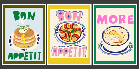 Traditional French cuisine banner. Abstract bright posters in retro style for the kitchen. Savory pancakes with asparagus and poached egg, ratatouille, onion soup. Vintage decor for wallpaper