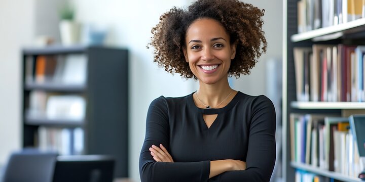 Portrait of a curriculum developer standing in an educational office, smiling, portrait shot, standing,