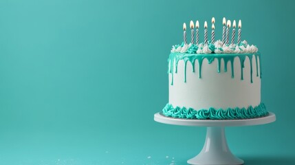 Elegant white happy birthday cake with teal ganache dripping design on a vibrant blue background, perfect for celebration themes, party invitations, dessert displays, and festive event decorations