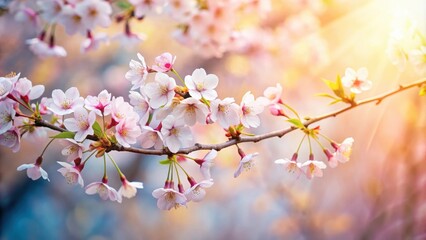 Obraz premium A delicate branch with cherry blossoms stretching towards sunlight , tannenzweige, spring, tannenzweige