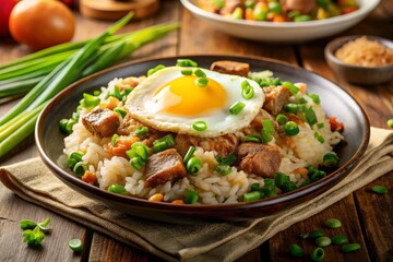 Sweet Pork & Egg Fried Rice Recipe - Wide Angle Photo of Delicious Asian Cuisine