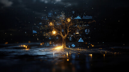 glowing golden tree with financial symbols and data charts on its branches, symbolizing growth and prosperity in futuristic digital environment