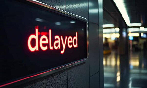 Luminous sign with the word "Delayed". Delays in trains, planes, transport