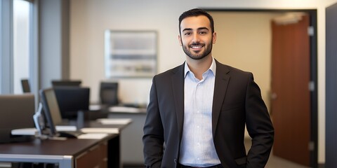 Fototapeta premium Portrait of a male insurance agent standing confidently in office, ready to discuss policies