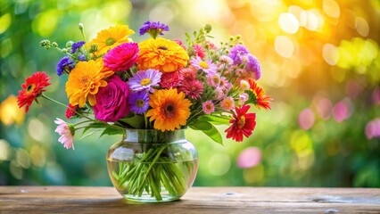 Vibrant mixed bouquet of colorful flowers in a glass vase with soft focus background and natural lighting effects , vibrant colors, vase filled with flowers