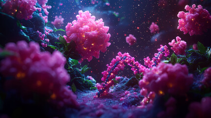 Fototapeta premium Glowing pink flowers in dark, fantasy landscape.