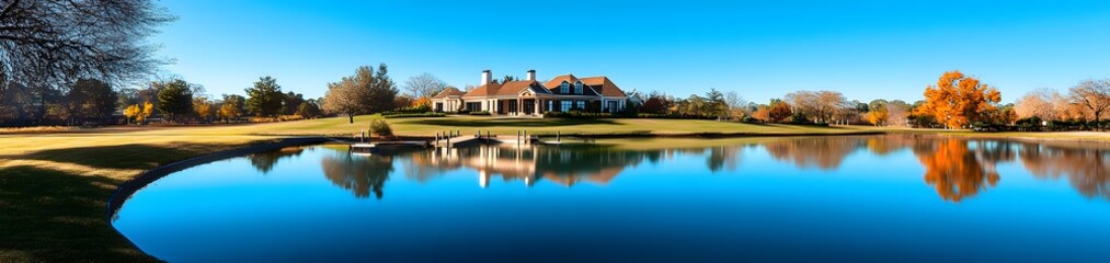 A serene landscape featuring a house by a reflective pond under a clear blue sky.