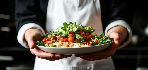 A beautifully plated pasta dish topped with fresh vegetables, presented by a chef in a professional kitchen setting.