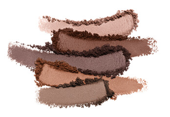 Brown eye shadow swatches. Makeup powder smears composition isolated on white background