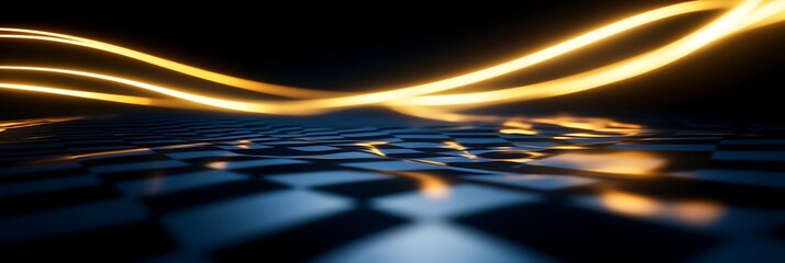 Electric gold arcs illuminating a textured cobalt blue checkered grid with dynamic patterns