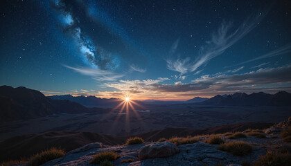 Milky Way over mountain landscape at twilight with setting sun