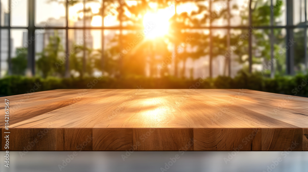Poster a warm sunset illuminates a wooden surface, creating a serene atmosphere with nature visible through