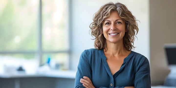Portrait of speech pathologist standing warmly in clinic setting, assisting with speech therapy