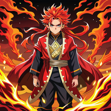 Samurai Inspired Anime Character with Flames in a Stormy Red and Black Setting