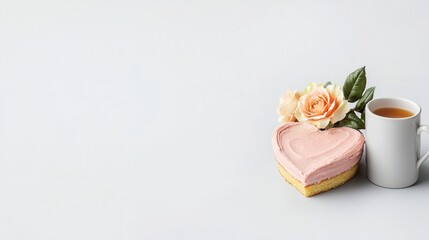 Pink heart-shaped cake concept for Valentine's Day. Heart-shaped cake with a flower and a cup of tea on a light background