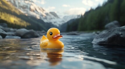 Serene Mountain River with a Rubber Duck