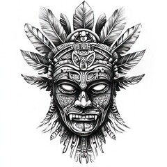 Ornate Aztec Mask with Detailed Feather Headdress